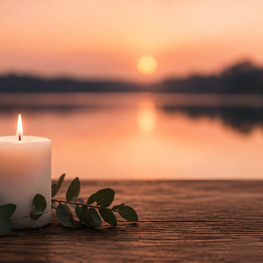 Kaars bij zonsondergang aan het water als symbool voor een stille crematie en herdenking